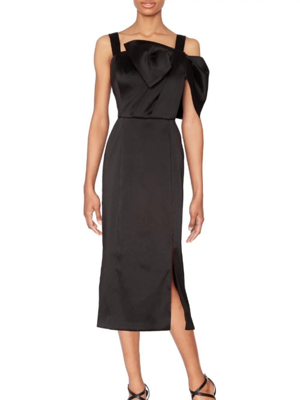New WHITE TIE by SHANI Elegant Black Satin Midi Dress Sculpted Bow (Sz 8)
